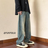 Men Jeans Vintage Jeans Autumn Distressed Washable Pants Loose Straight Wide Leg Pants